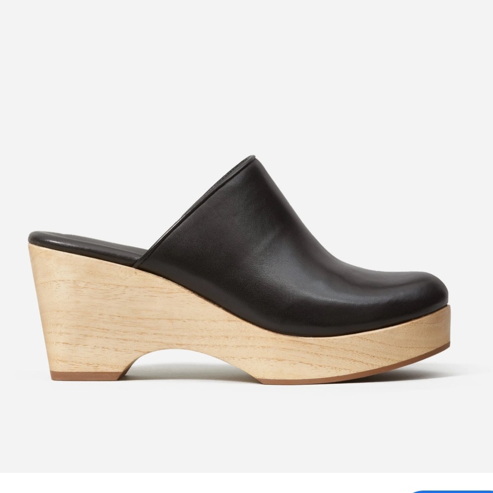 Everlane Black Leather Clog Mules with Wood Platform